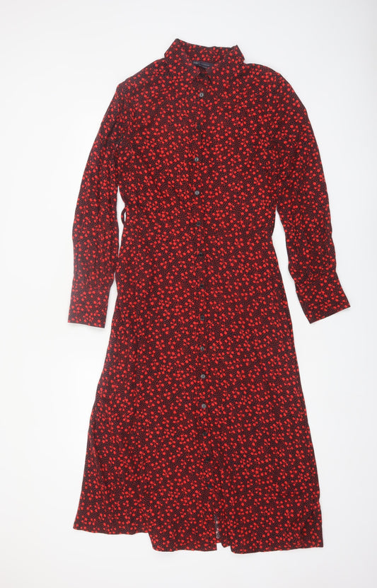Marks and Spencer Womens Black Red Floral Shirt Dress Size 8