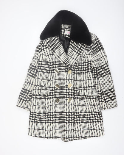 Savida Women's Black & White Houndstooth Faux Fur Collar Pea Coat Size 10
