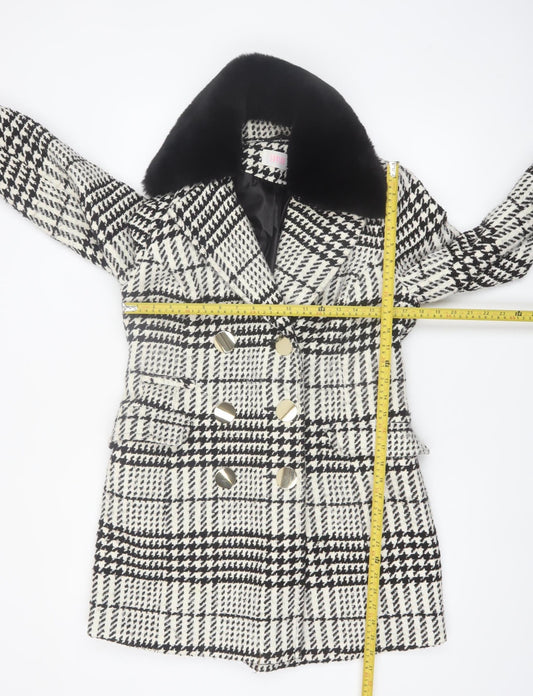 Savida Women's Black & White Houndstooth Faux Fur Collar Pea Coat Size 10