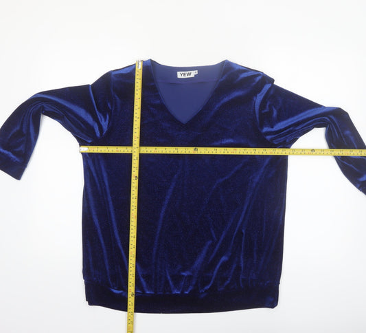 YEW Women's Blue Velvet Long Sleeve V-Neck Blouse Size L