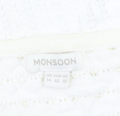 Monsoon Women’s Ivory Knit Cardigan UK 14 Crew Neck Open Knit