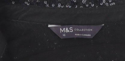 Marks and Spencer Women’s Black Sequin Button-Up Long Sleeve Top Size 16