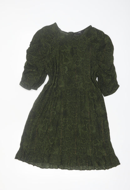 Next Women Green Animal Print A-Line Puff Sleeve Knee Length Dress Size 12