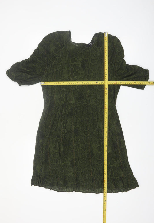 Next Women Green Animal Print A-Line Puff Sleeve Knee Length Dress Size 12