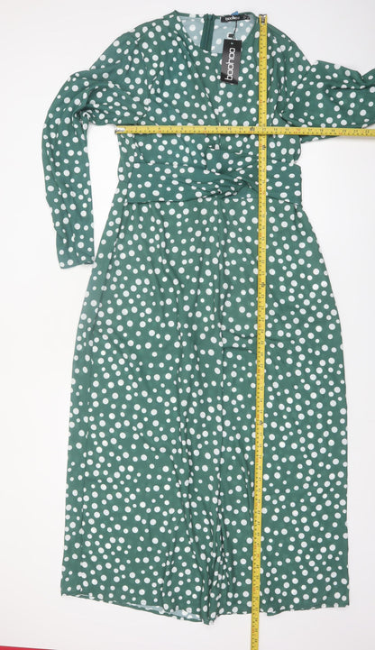 Boohoo Women's Green Polka Dot Long Sleeve Jumpsuit Size 14