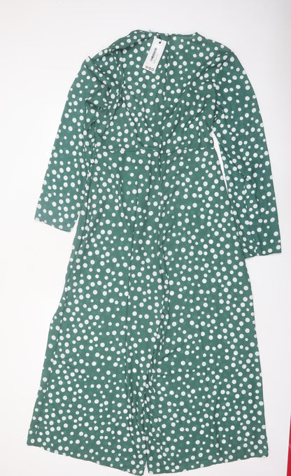 Boohoo Women's Green Polka Dot Long Sleeve Jumpsuit Size 14