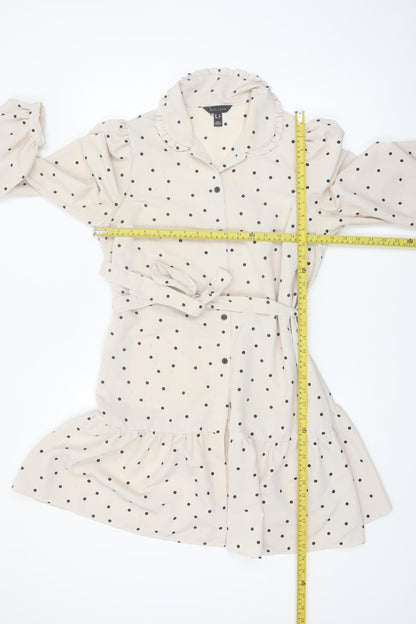 New Look Women Beige Polka Dot Shirt Dress Size 12 Long Sleeve Belted
