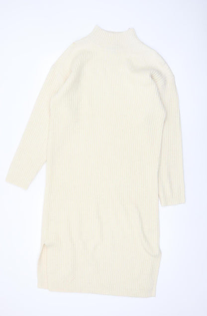 New Look Women Ivory Knit Jumper Dress M High Neck Long Sleeve