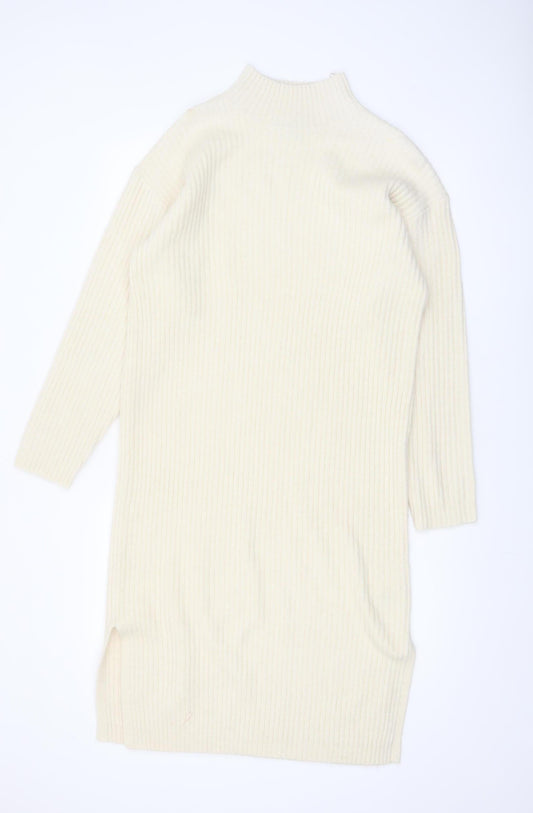 New Look Women Ivory Knit Jumper Dress M High Neck Long Sleeve