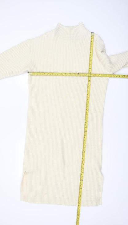 New Look Women Ivory Knit Jumper Dress M High Neck Long Sleeve