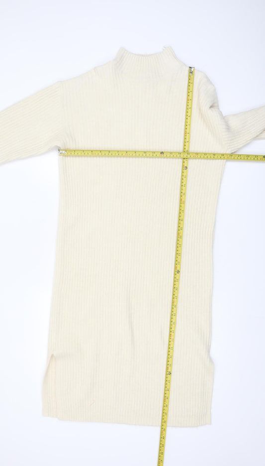 New Look Women Ivory Knit Jumper Dress M High Neck Long Sleeve