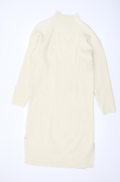 New Look Women Ivory Knit Jumper Dress M High Neck Long Sleeve
