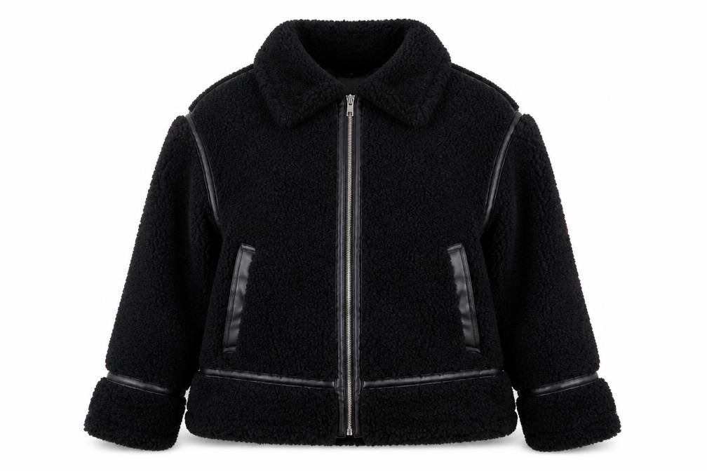 Front view of Papaya Women’s Black Faux Shearling Bomber Jacket, size UK 12