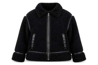 Front view of Papaya Women’s Black Faux Shearling Bomber Jacket, size UK 12