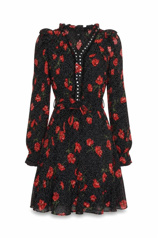 River Island Women Black Floral Polka Dot Fit & Flare Dress Size 12