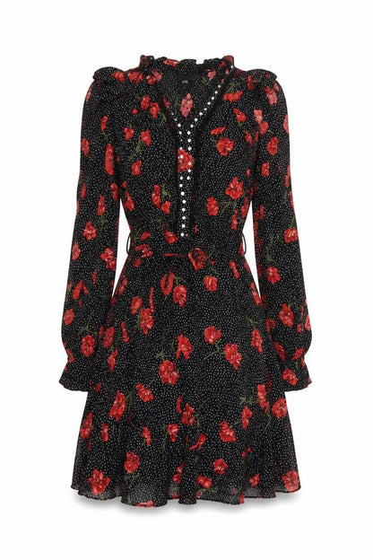 River Island Women Black Floral Polka Dot Fit & Flare Dress Size 12