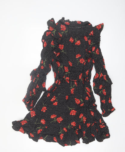 River Island Women Black Floral Polka Dot Fit & Flare Dress Size 12