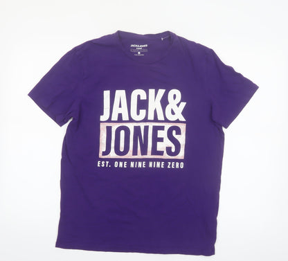 Jack & Jones Men's Purple Graphic Print Cotton Crew Neck T-Shirt L