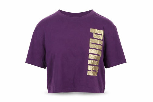 Front view of Puma women’s purple cropped t-shirt, size S, casual logo tee