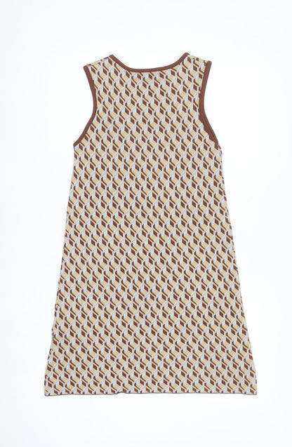 Primark Women’s Brown Geometric Shift Dress Size 10-12 Sleeveless Knit Retro
