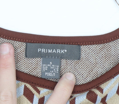 Primark Women’s Brown Geometric Shift Dress Size 10-12 Sleeveless Knit Retro