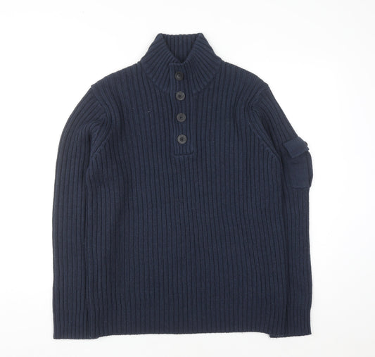 Dissident Mens Blue Chunky Knit Henley Jumper Size L