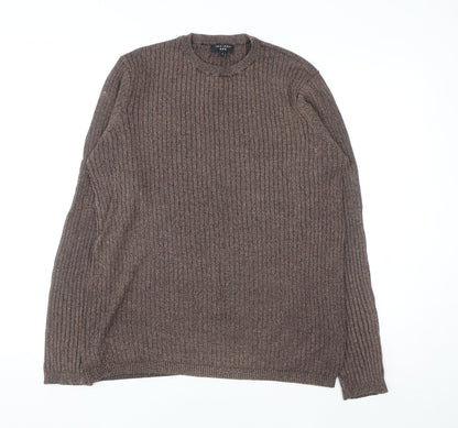New Look Men Brown Ribbed Knit Cotton Jumper Size L Crew Neck