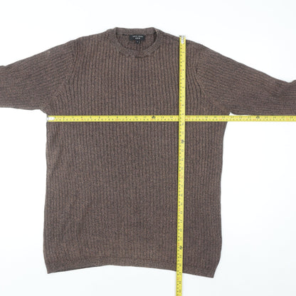 New Look Men Brown Ribbed Knit Cotton Jumper Size L Crew Neck