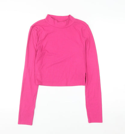 Primark Women Pink Mock Neck Cropped Long Sleeve Top Size S