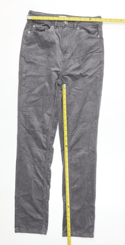 Marks and Spencer Womens Grey Corduroy Straight Trousers Size 10 Long
