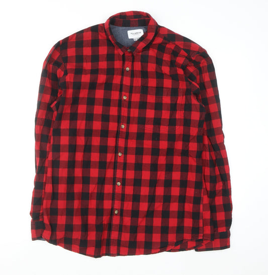 Pull & Bear Men's Red Check Button-Up Flannel Shirt XL