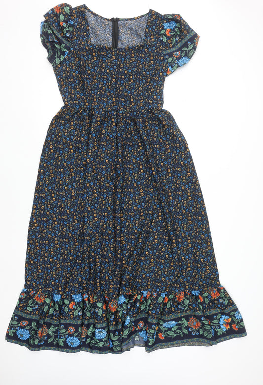Skue Women Blue Floral Midi A-Line Dress Size 10 Puff Sleeve