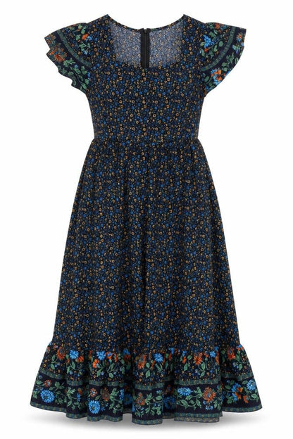 Skue Women Blue Floral Midi A-Line Dress Size 10 Puff Sleeve