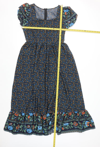 Skue Women Blue Floral Midi A-Line Dress Size 10 Puff Sleeve