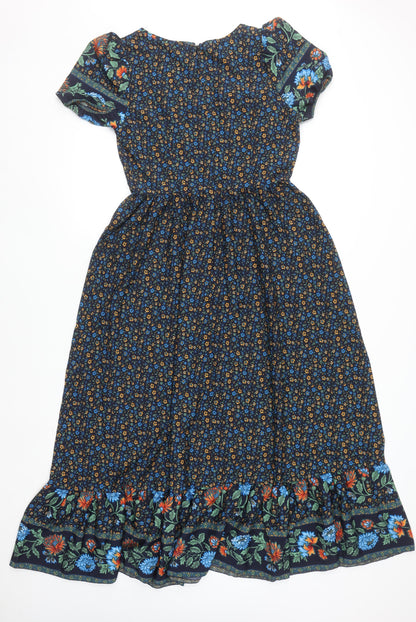 Skue Women Blue Floral Midi A-Line Dress Size 10 Puff Sleeve