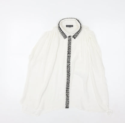 Warehouse Women's White Beaded Collared Sleeveless Chiffon Blouse UK10