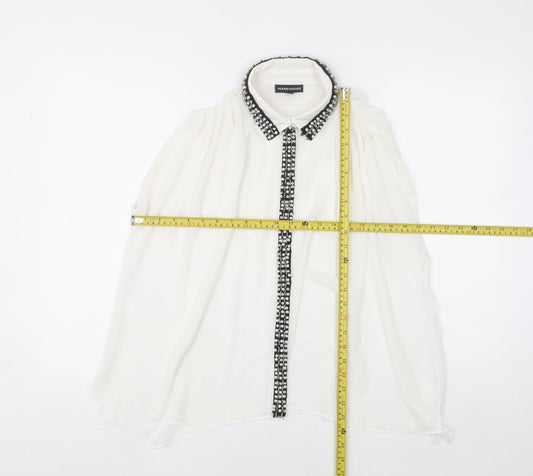 Warehouse Women's White Beaded Collared Sleeveless Chiffon Blouse UK10