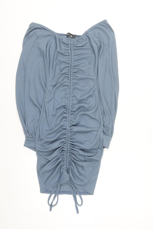 PrettyLittleThing Women Blue Size 6 Off Shoulder Ruched Bodycon Dress