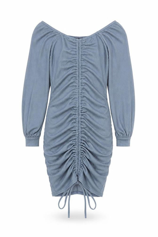 PRETTYLITTLETHING Women Blue Size 6 Off Shoulder Ruched Bodycon Dress