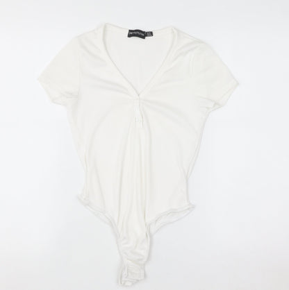 PrettyLittleThing Women White V-Neck Rib T-Shirt Bodysuit Size 10