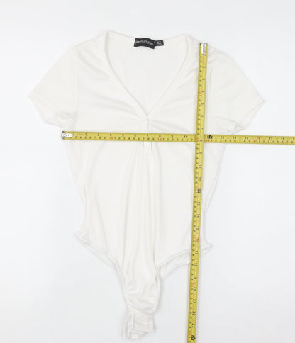 PrettyLittleThing Women White V-Neck Rib T-Shirt Bodysuit Size 10