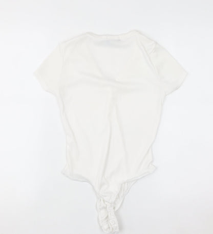 PrettyLittleThing Women White V-Neck Rib T-Shirt Bodysuit Size 10