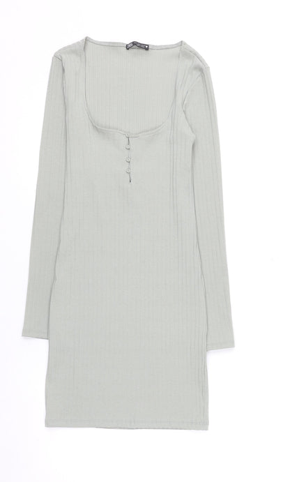 Zara Women Grey Size 8 Long Sleeve Ribbed Bodycon Dress