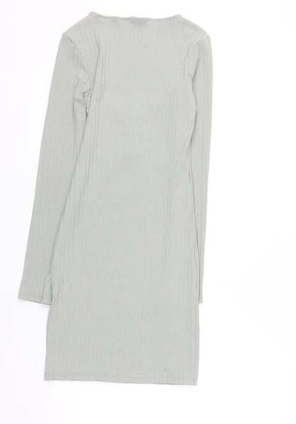 Zara Women Grey Size 8 Long Sleeve Ribbed Bodycon Dress