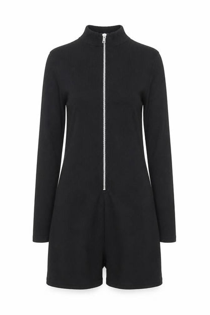 PrettyLittleThing Women's Black Ribbed Zip Long Sleeve Playsuit Size 8