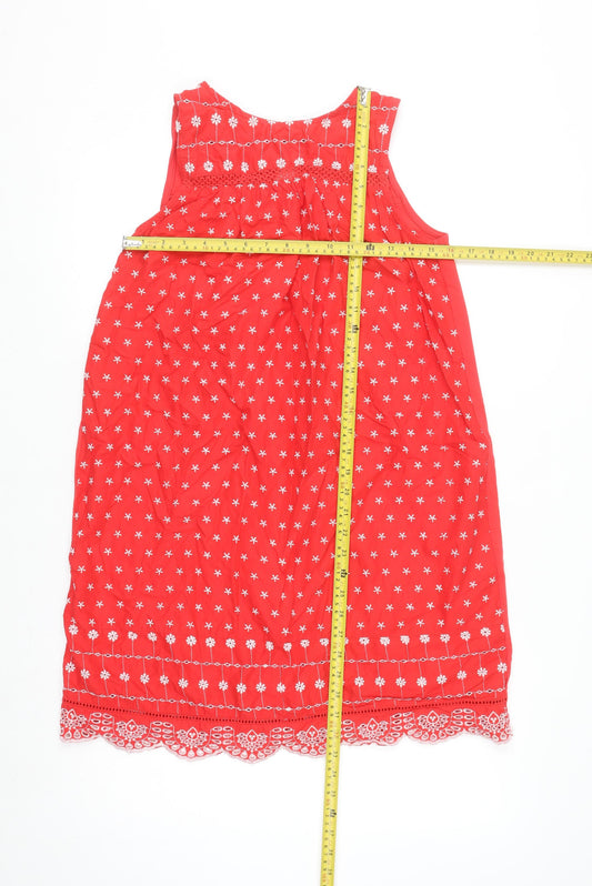 Next Women Red Cotton Embroidered Shift Dress Size 10 Summer Casual