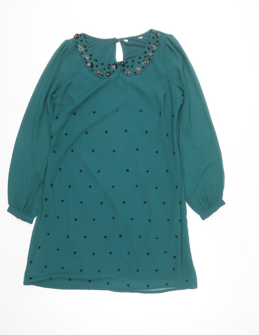 Yumi Women Green Size 14 Beaded Peter Pan Collar Shift Dress