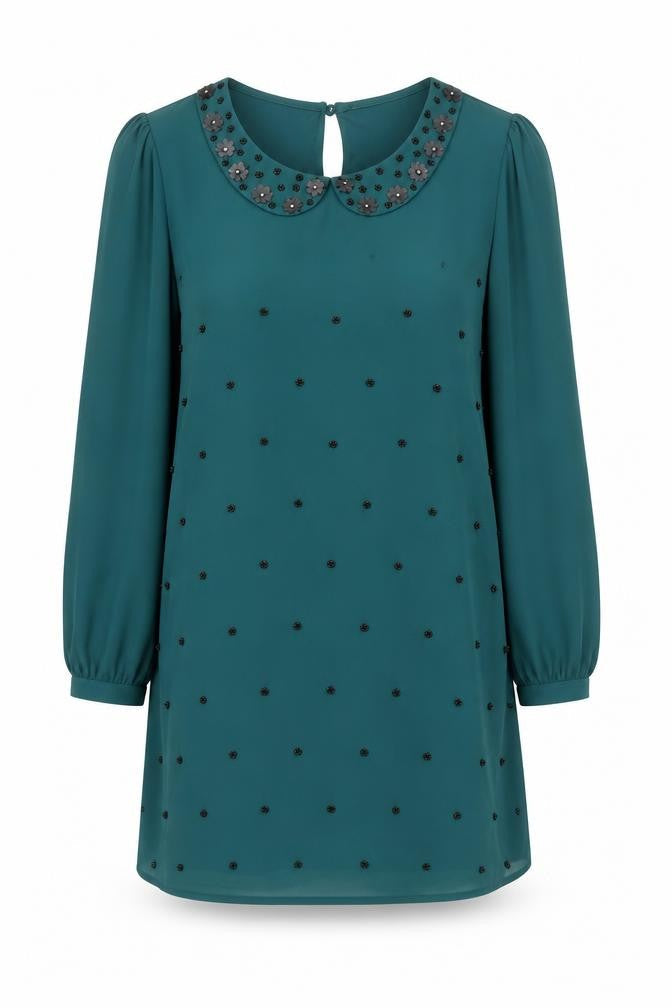 Yumi Women Green Size 14 Beaded Peter Pan Collar Shift Dress