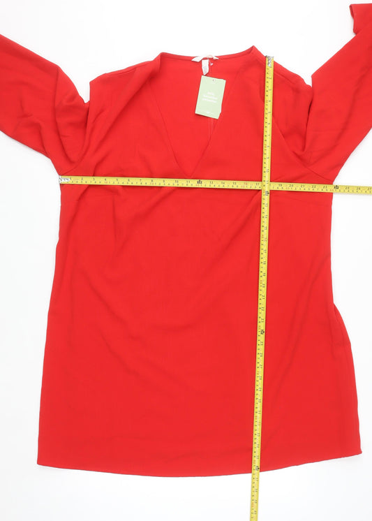 H&M Women Red Shift Dress Size 18 V-Neck Long Sleeve Woven