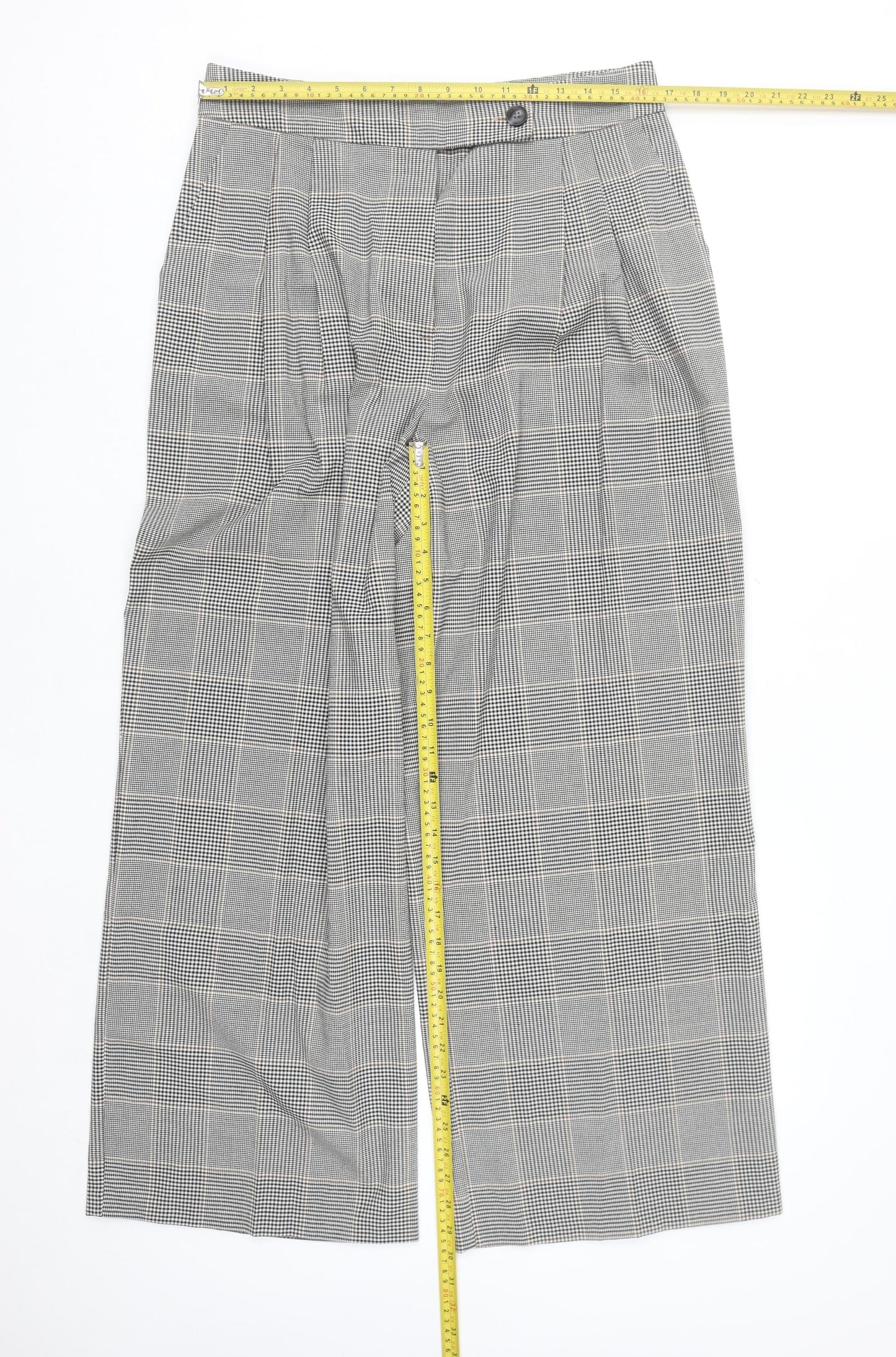 Primark Womens Grey Check Wide-Leg Pleated Trousers Size 16